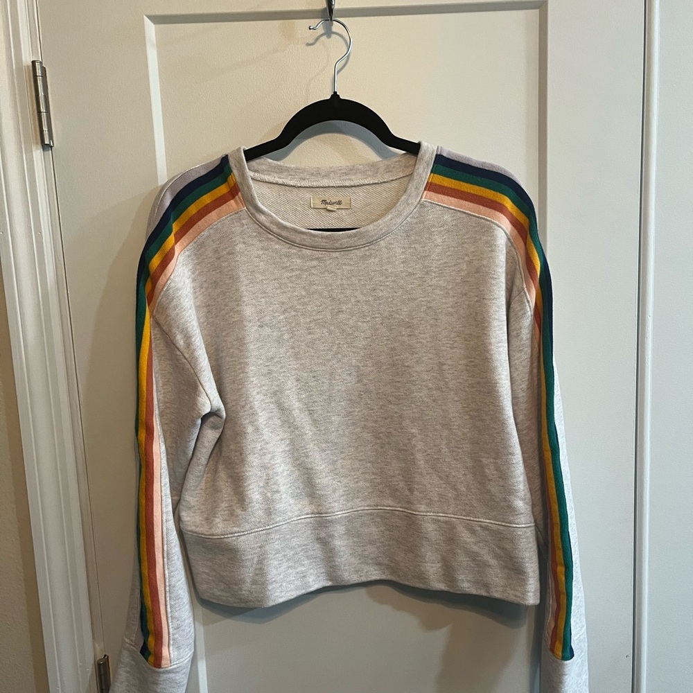 Madewell Rainbow Stripe Cropped Sweatshirt Gray Pullover Size L